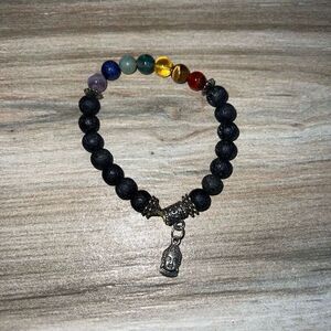 Lava Rock Mala Beads Buddha Charm Genuine Rainbow Colored Stones Silver Tone